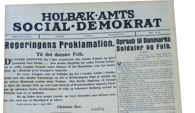 Holbæk Amts Socialdemokrat d. 9. april 1940 med bl.a. regeringens proklamation.