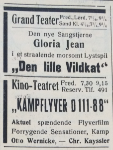 Biografannoncer fra Holbæk Amts Avis, 8. august 1940.